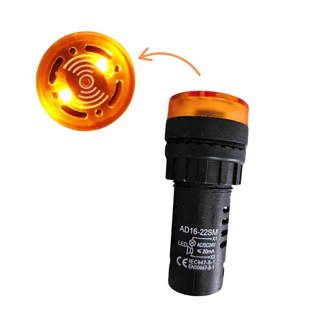 Kit 5 Alarmes Sonoro Buzzer Sinaleiro LED Amarelo 22mm 24V
