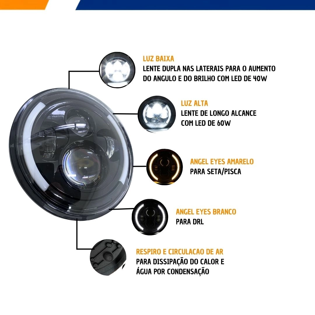 Farol Angel Eyes LED 7 Polegadas 175mm 40 Watts Universal Para Fusca Kombi Defender Jeep Moto Harley Royal Enfield FLX Farol Angel Eyes LED 7 Polegadas 175mm 40 Watts Universal Para Fusca Kombi Defender Jeep Moto Harley Royal Enfield FLX
