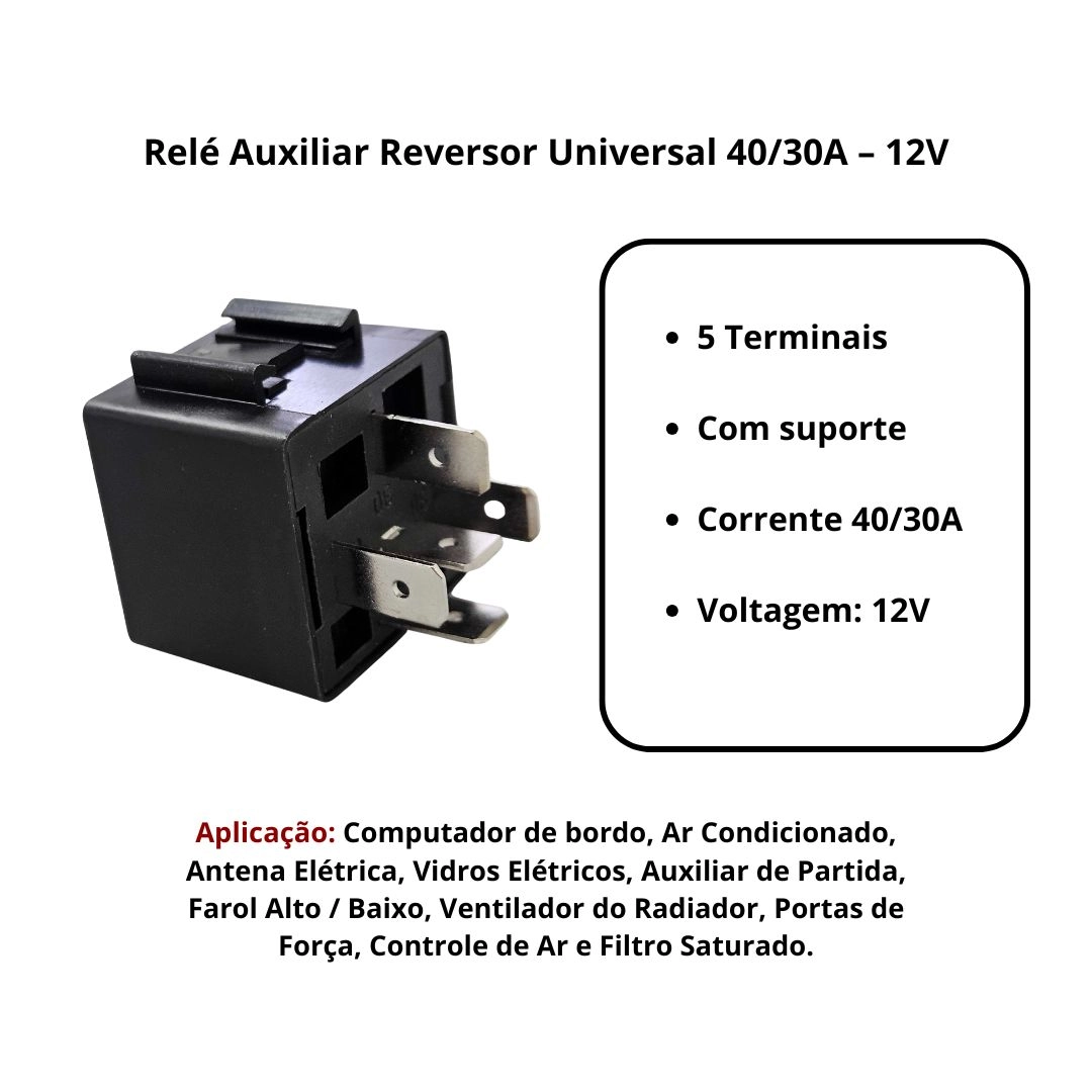 Relé Auxiliar Reversor 40/30a 5 Terminais 12v Universal Com Suporte DNI0116