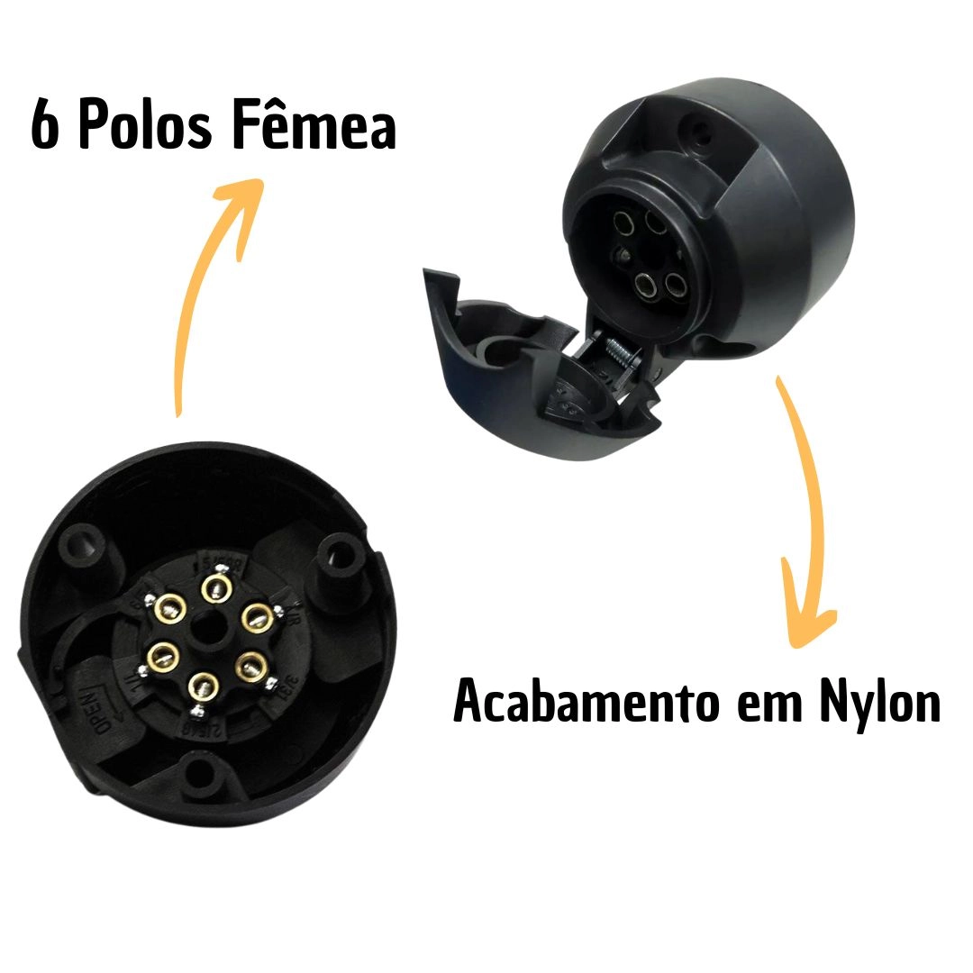 Tomada Elétrica Carretinha Caminhão Reboque Conector Fêmea 6 Polos Bivolt 12v/24v Nylon DNI 8730