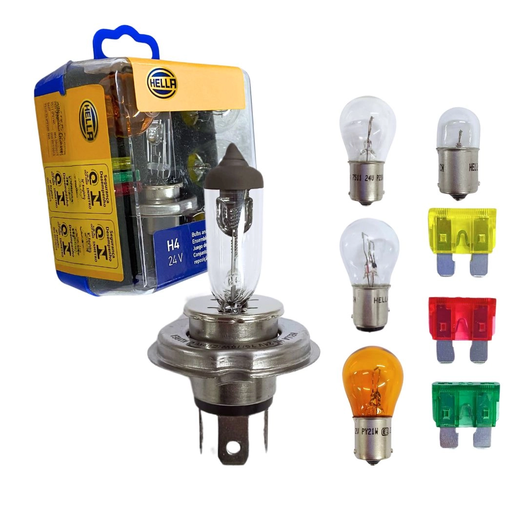 Kit Lampadas H4 24v Farol Seta Re Fusivel 8 Pçs Hella 