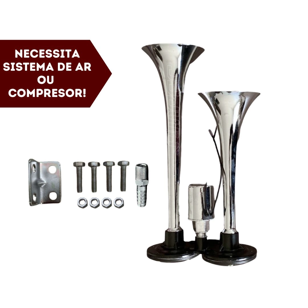 Buzina a Ar para Carro Caminhão Barco 12v 24v Universal 2 Cornetas cromada