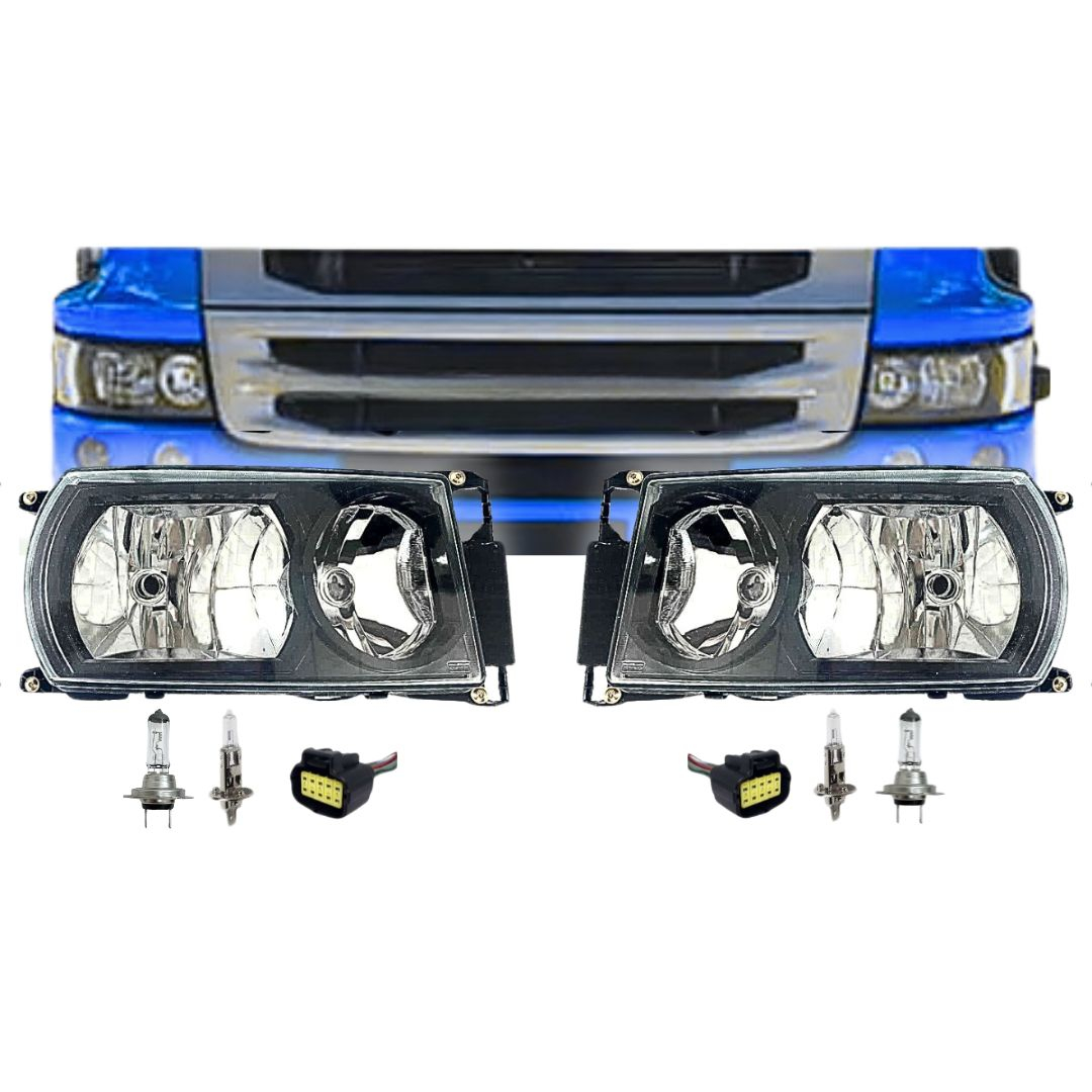 Kit Farol Principal Dianteiro Para Scania Série 5 PGR Máscara Negra Com Conector e Lâmpadas Nino