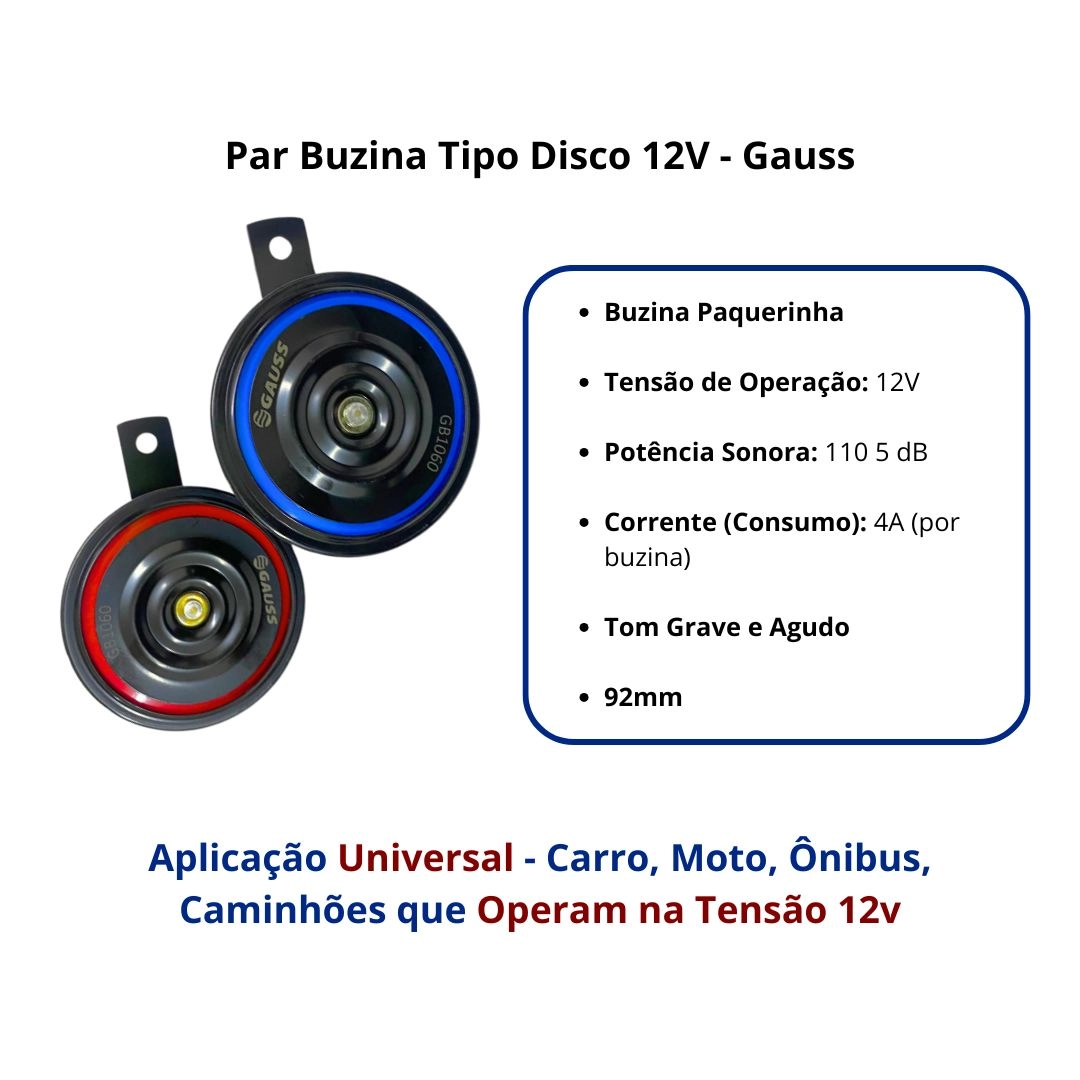 Par Buzina Tipo Disco 12v Universal Carro Moto Buzina Disco Duplo Universal 12v Gauss Som Alto e Forte