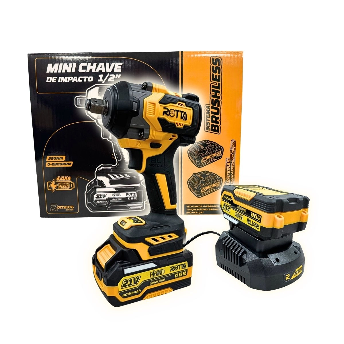 Parafusadeira Mini Chave De Impacto A Bateria 21V 1/2" 4000mAh Bivolt Motor Brushless Com Maleta