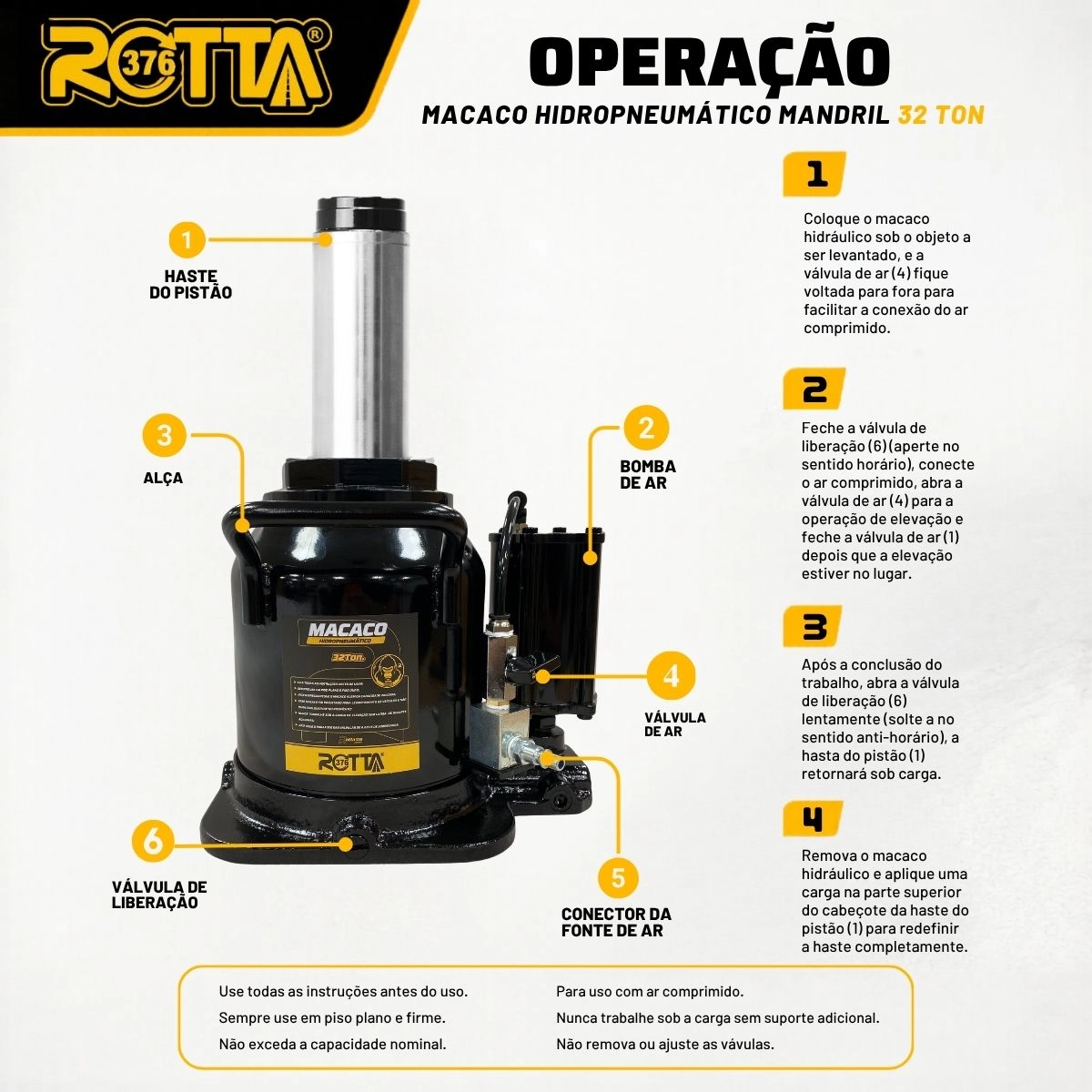 Macaco Hidropneumático Mandril 32 Ton Altura 250mm Para Caminhões Onibus Tratores Rotta376 Macaco Hidropneumático Mandril 32 Ton Altura 250mm Para Caminhões Onibus Tratores Rotta376