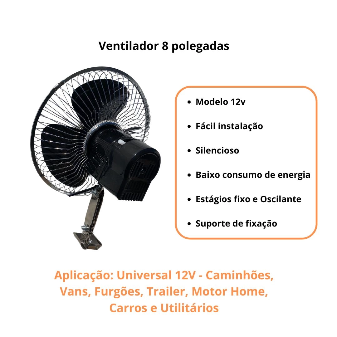 Mini Ventilador 12v Cabine Caminhão Trailer Van Motor Home Ventilador Cabine 12v 8 Polegadas
