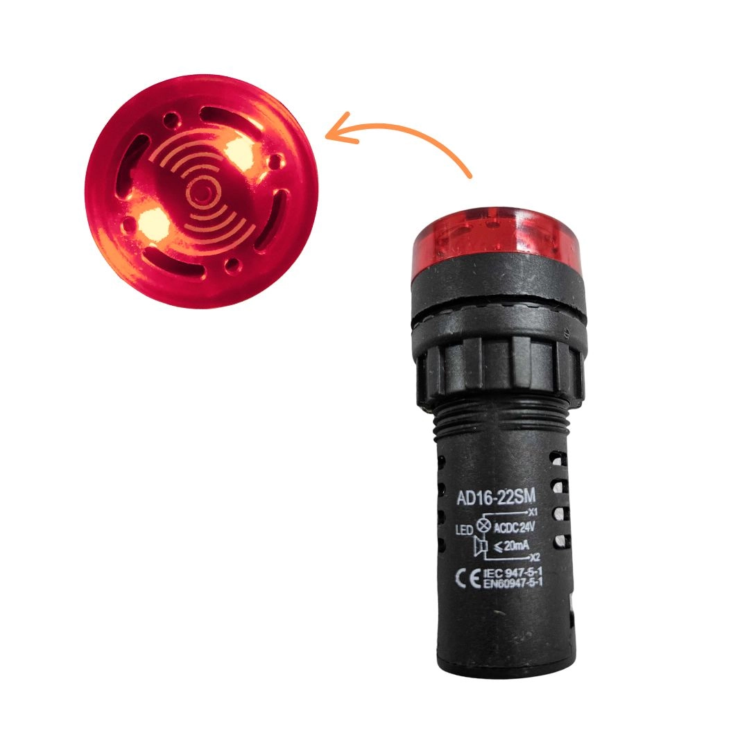 Alarme Sonoro Buzzer Sinaleiro LED Vermelho 22mm 24Vdc