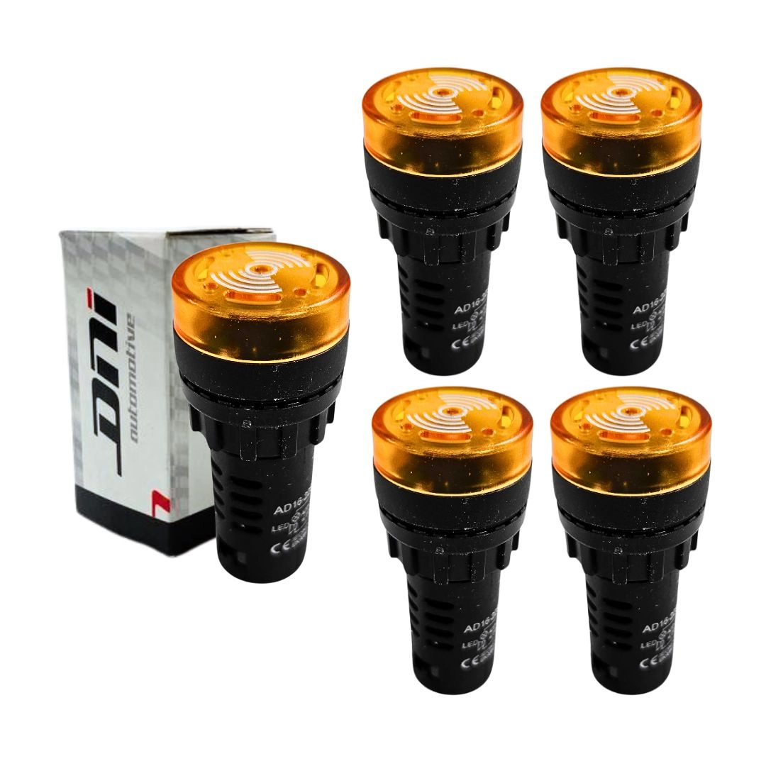 Kit 5 Alarmes Sonoro Buzzer Sinaleiro LED Amarelo 22mm 24V
