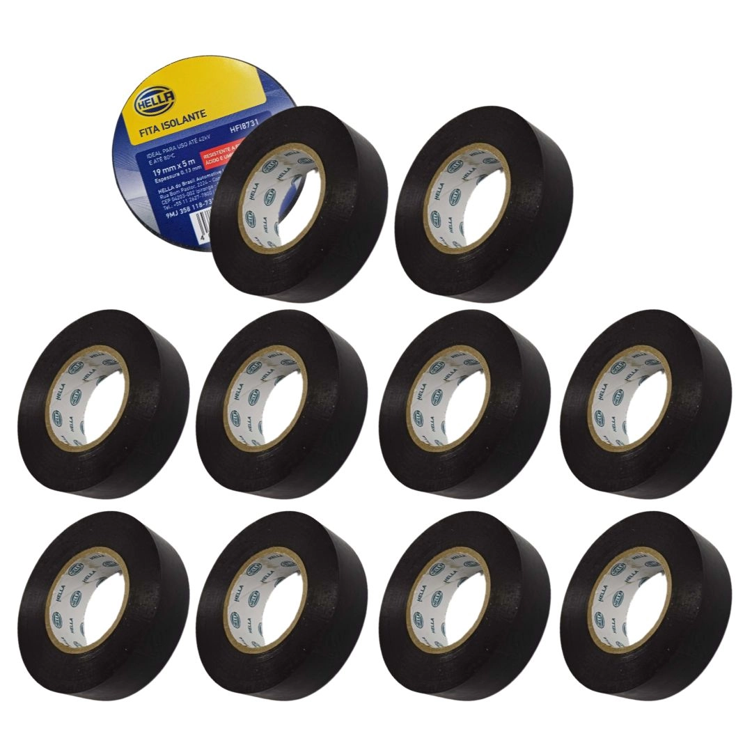 Kit 10 Fita Isolante 19mm 5m Resistente Fogo Umidade Hella