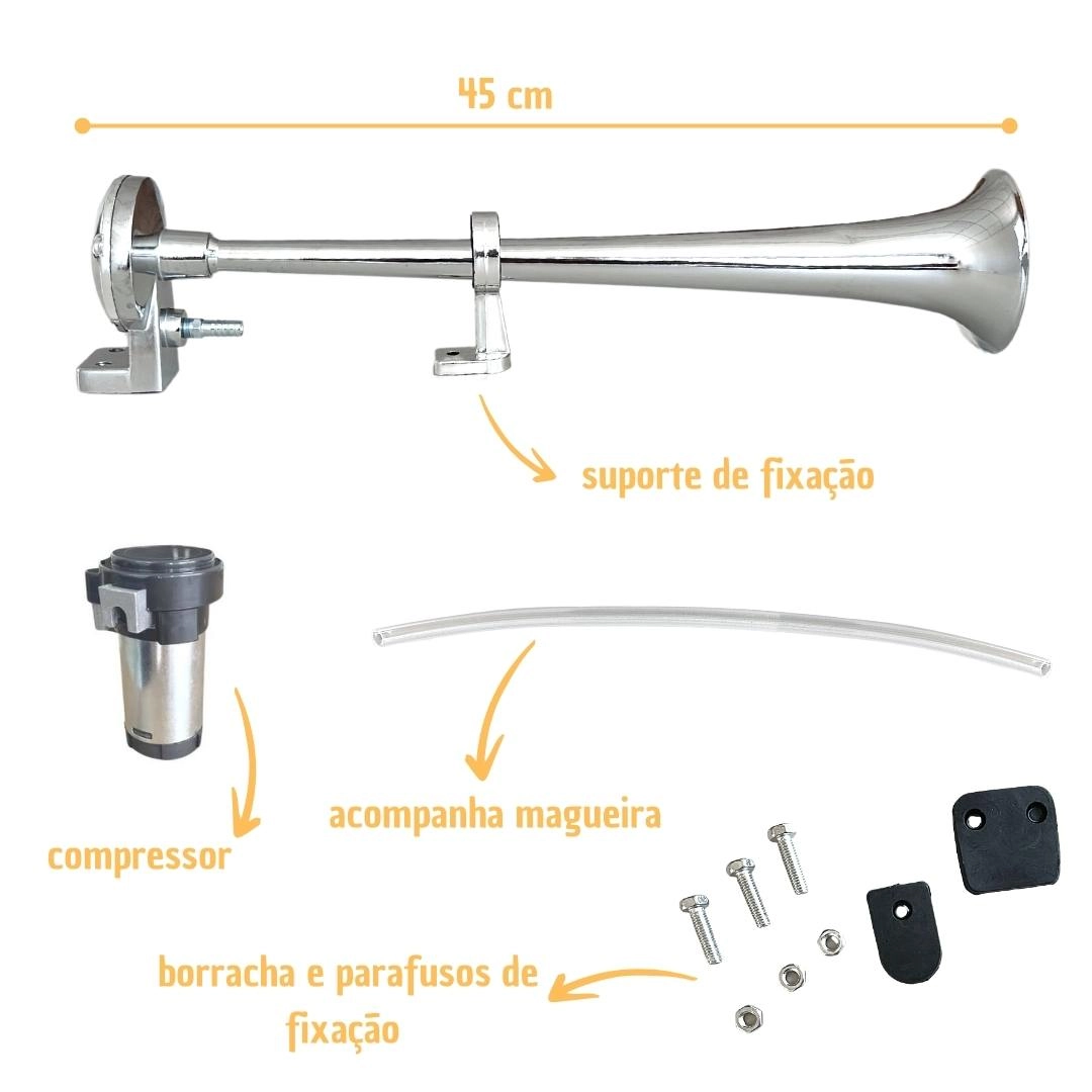 Buzina Caminhão Marítima Navio Cromada 45cm 12V C/Compressor Buzina Caminhão Marítima Navio Cromada 45cm 12V C/Compressor