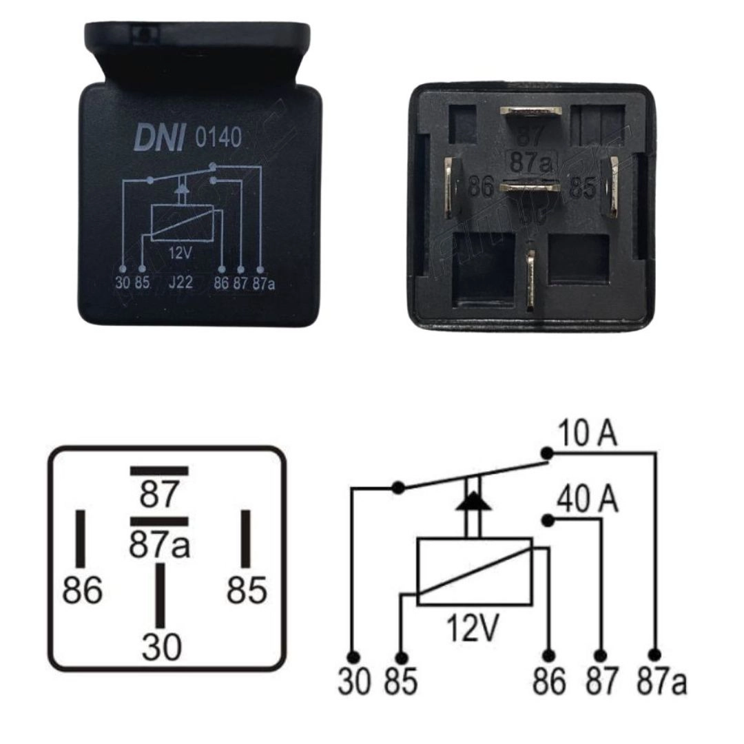 Relé Auxiliar Reversor 12v 40A / 10A 5 Terminais Com Suporte DNI0140