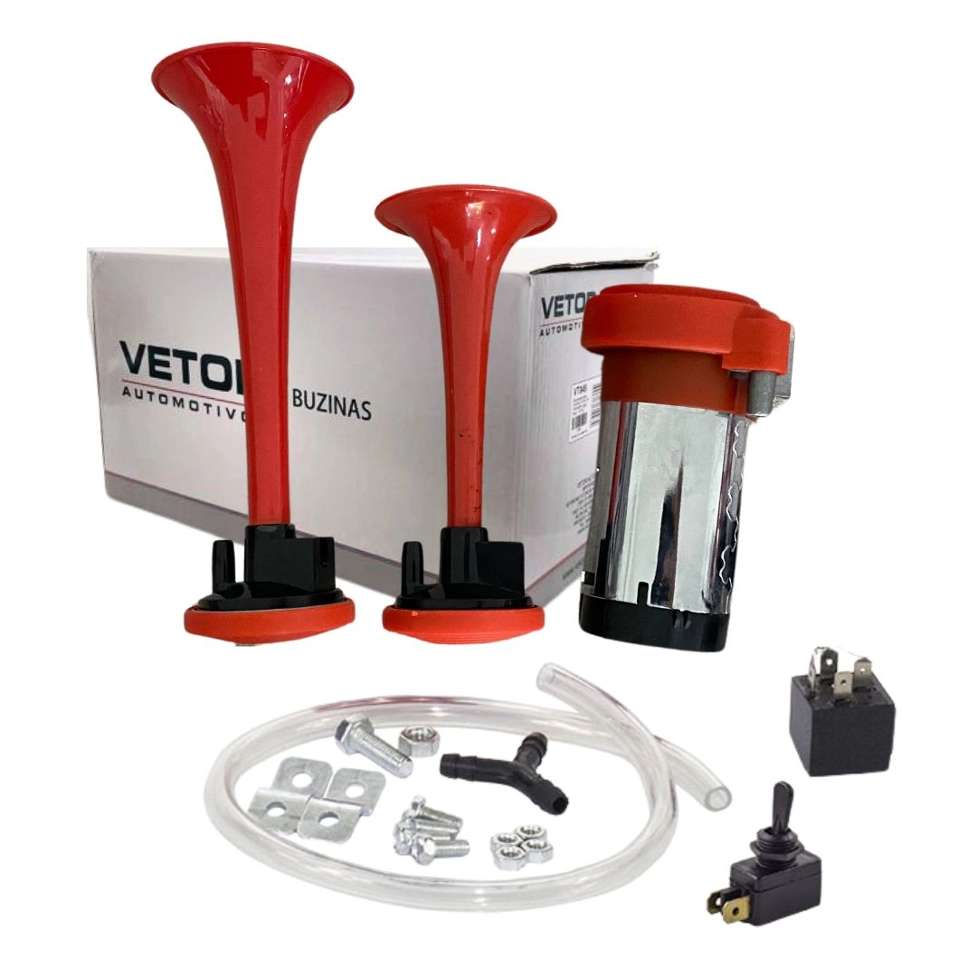 Kit Buzina 12v 2 Cornetas Com Compressor e Mangueira Universal Carro Caminhão Vetor VTOVT042