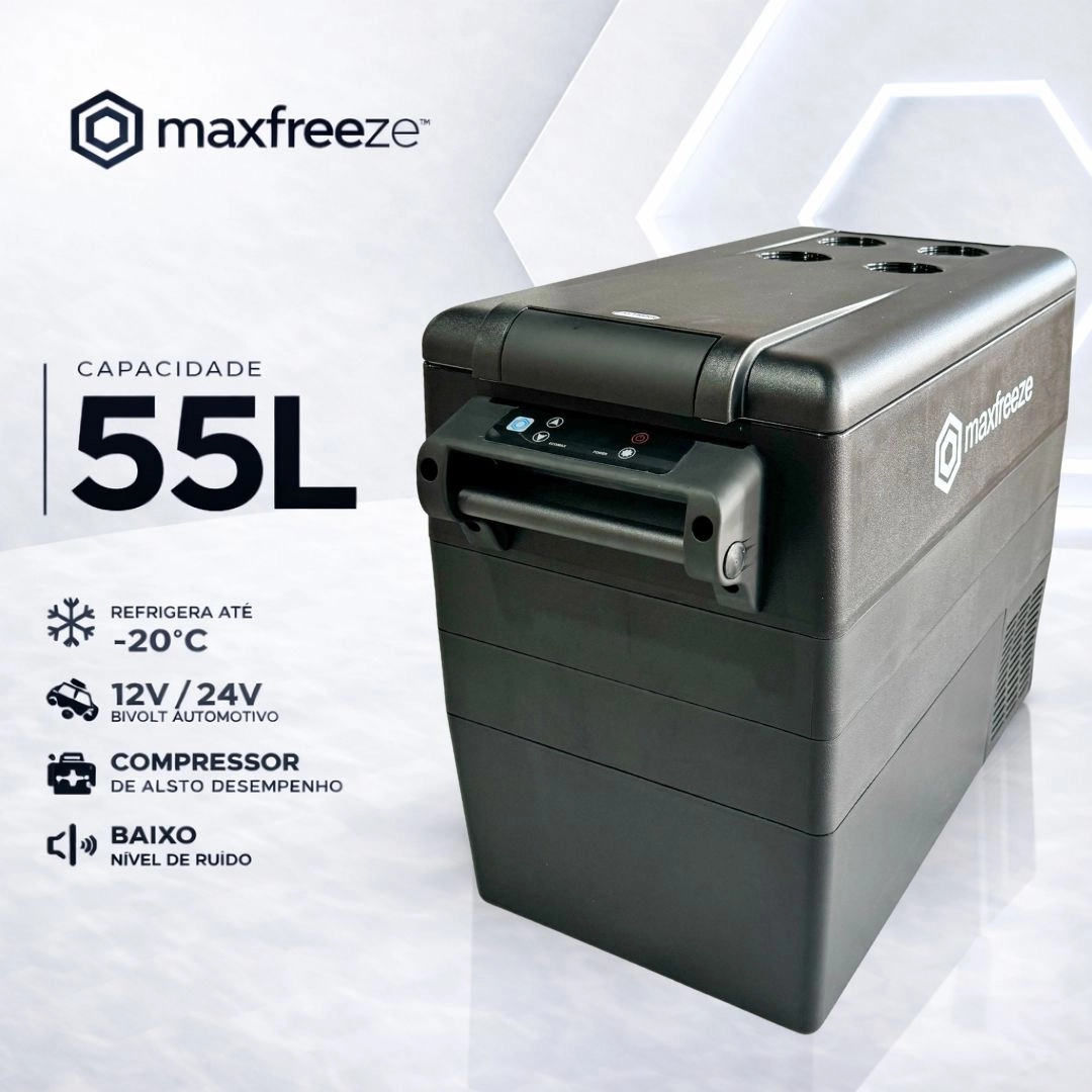 Geladeira Portátil Preta 55 Litros Freezer 12v/24v 110v/220v Caminhão Ônibus Van Carro Bluetooth Maxfreeze