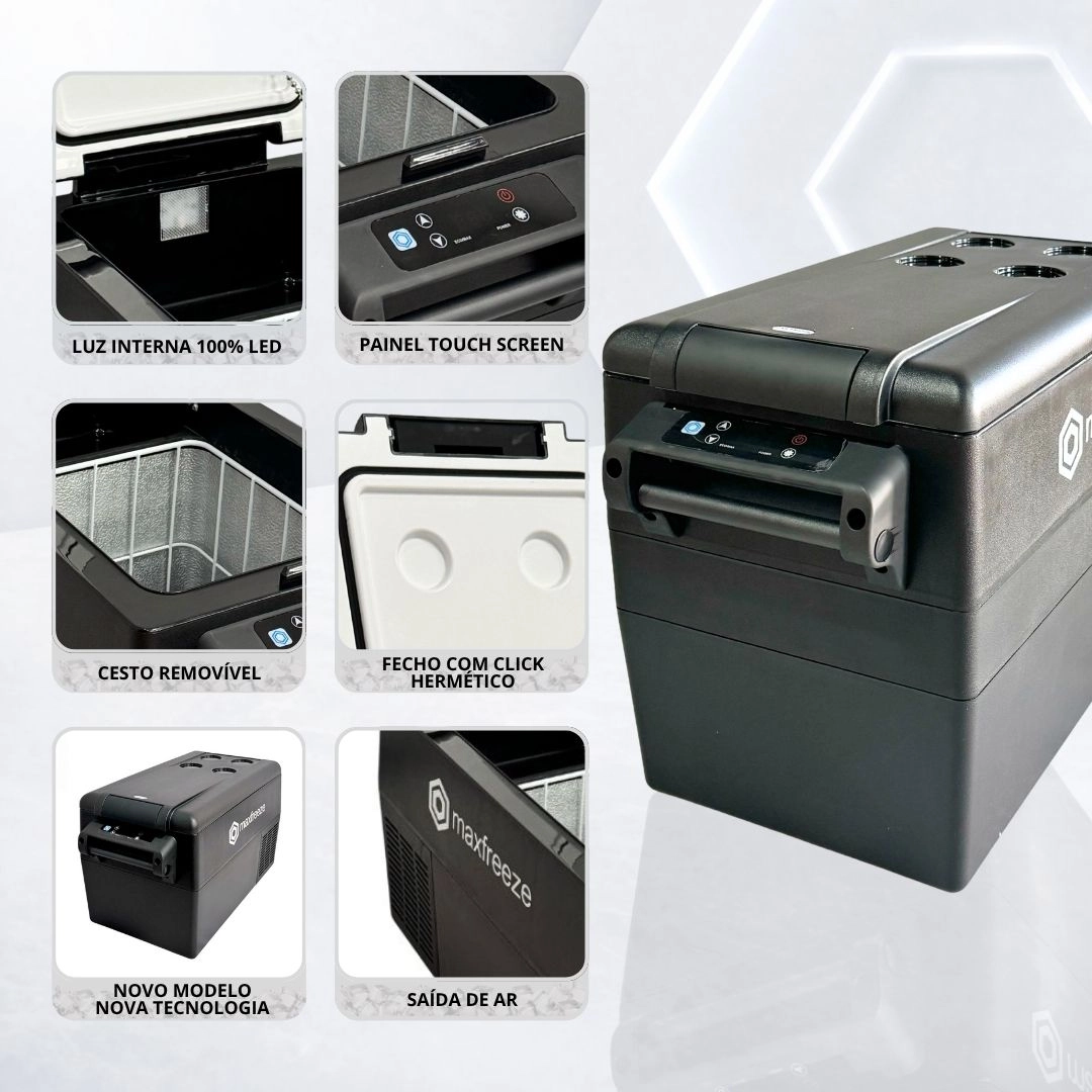 Geladeira Portátil Preta 45 Litros Freezer 12v/24v 110v/220v Caminhão Ônibus Van Carro Bluetooth Maxfreeze Geladeira Portátil Preta 45 Litros Freezer 12v/24v 110v/220v Caminhão Ônibus Van Carro Bluetooth Maxfreeze