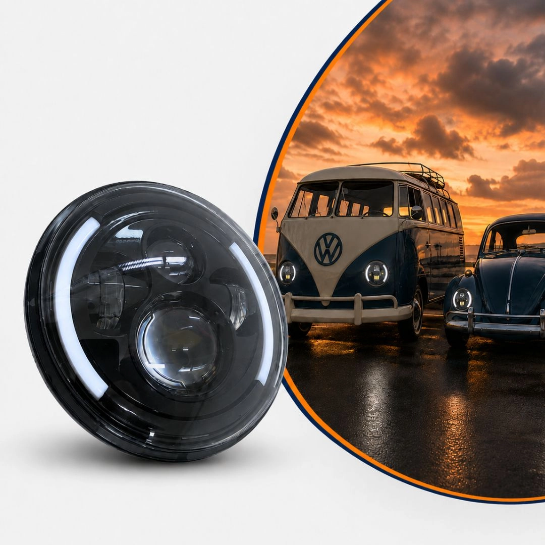 Farol Angel Eyes LED 7 Polegadas 175mm 40 Watts Universal Para Fusca Kombi Defender Jeep Moto Harley Royal Enfield FLX Farol Angel Eyes LED 7 Polegadas 175mm 40 Watts Universal Para Fusca Kombi Defender Jeep Moto Harley Royal Enfield FLX
