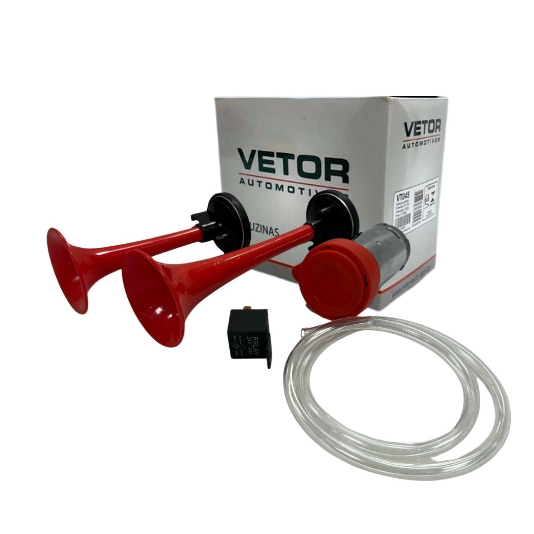 Buzina 2 Cornetas Vermelha Com Compressor 24v 8 a 12a Caminhão Ônibus Van Navio Lancha Vetor VT041