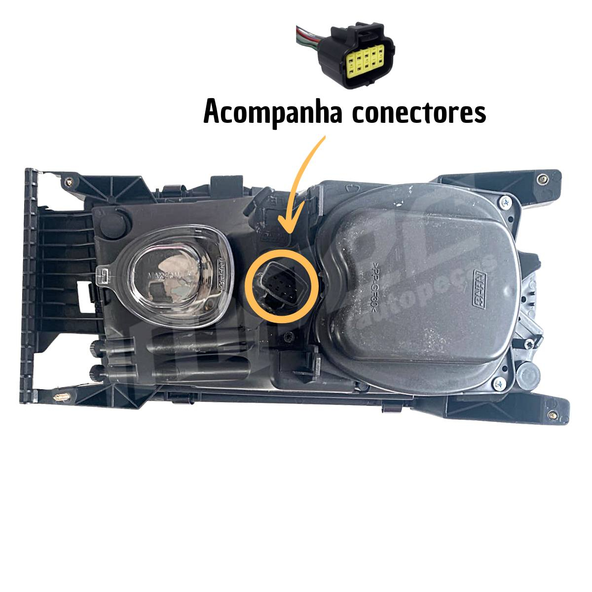 Kit Farol Principal Dianteiro Máscara Negra Pisca Led Com Lâmpadas e Conector Para Scania Série 5 PGR Kit Farol Principal Dianteiro Máscara Negra Pisca Led Com Lâmpadas e Conector Para Scania Série 5 PGR