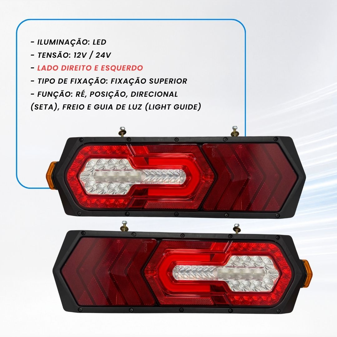 Par de Lanternas Traseiras LED 12V 24V Com Guia de Luz Para Caminhões Carretas e Implementos Rodoviários