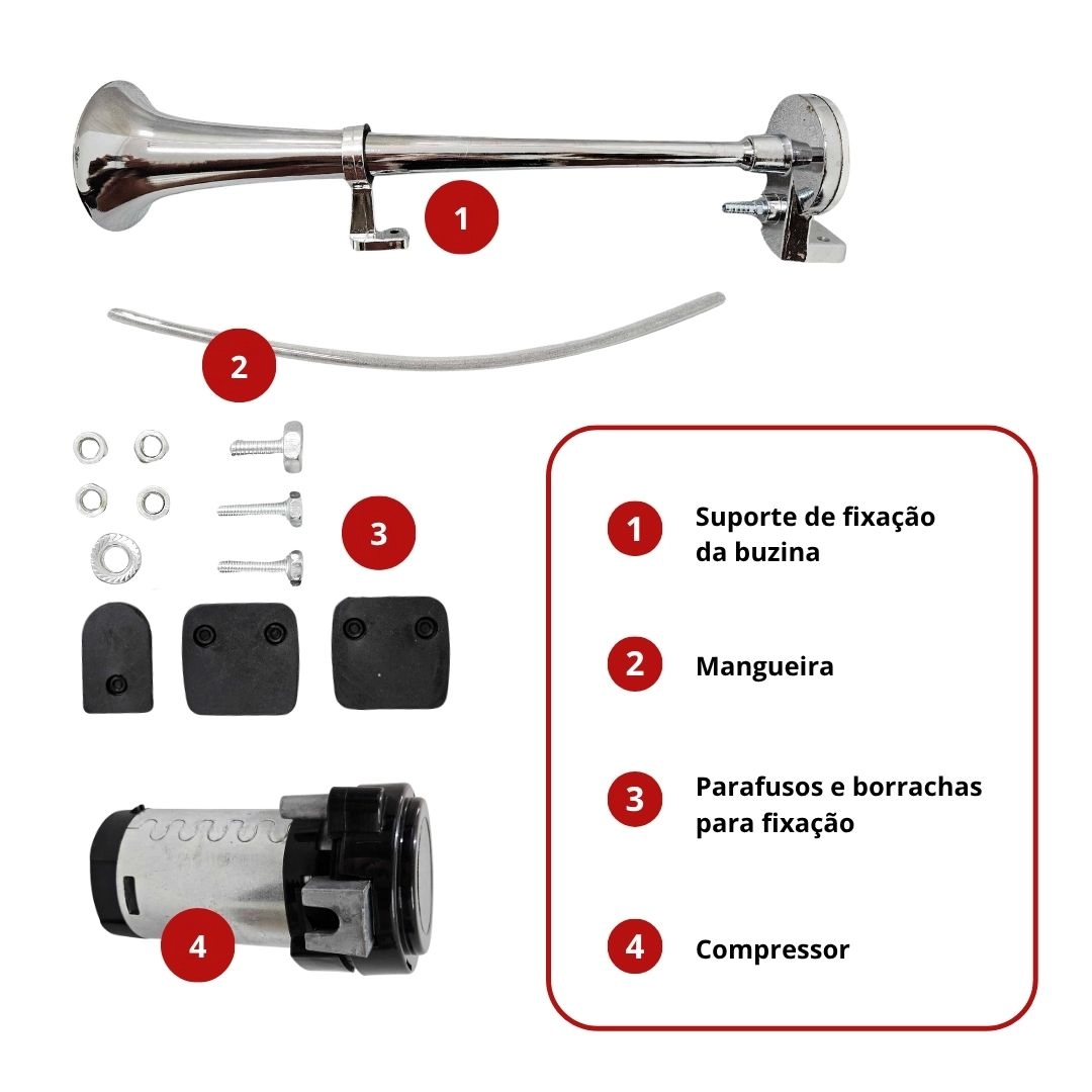 Buzina Caminhão Marítima Navio Cromada 45cm 12V Com Compressor Buzina Potente Buzina Caminhão Marítima Navio Cromada 45cm 12V Com Compressor Buzina Potente