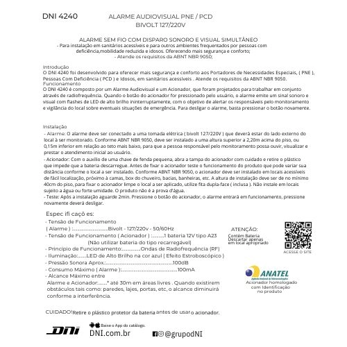 Alarme Campainha de Emergência para Banheiro PNE PCD e Idosos Atende NBR 9050 Tomada Bivolt