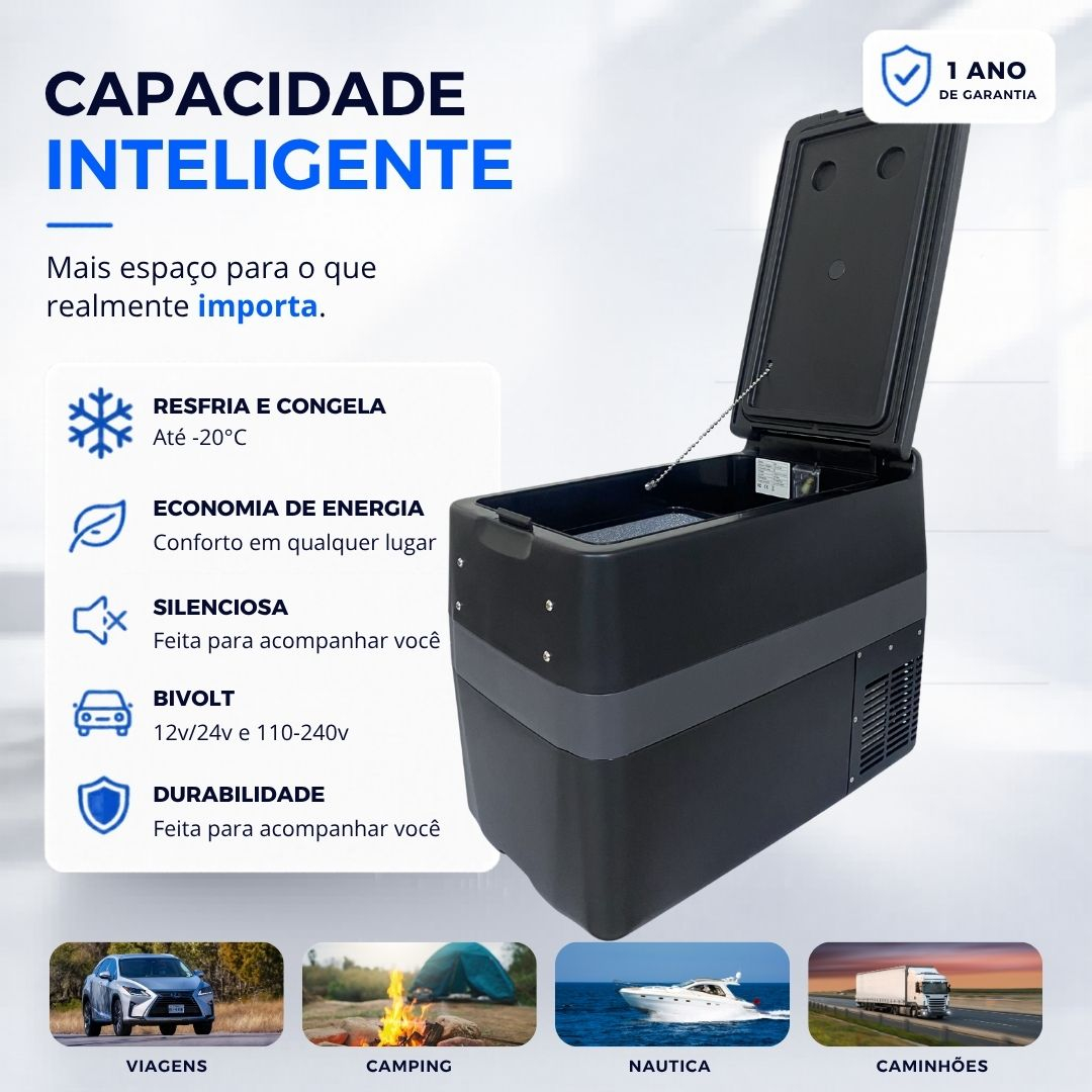 Mini Geladeira Portátil 45 Litros 12V/24V 110v/220v Caminhão Ônibus Van Freezer Camping Barco Lancha Pesca