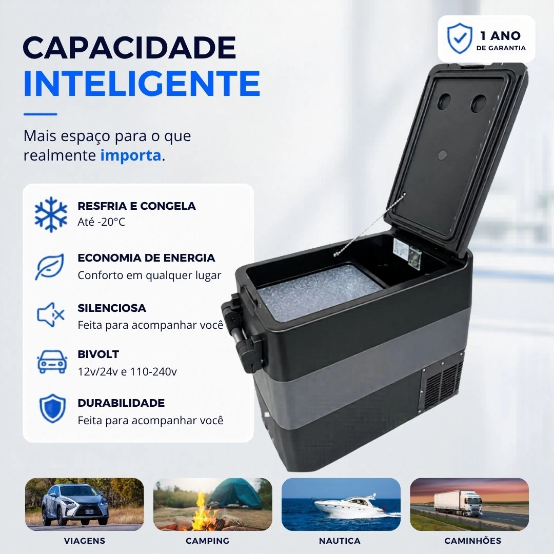 Geladeira Portátil 55 Litros 12V/24V 110v/220v Geladeira Caminhão Ônibus Van Freezer Camping Barco Lancha Pesca Geladeira Portátil 55 Litros 12V/24V 110v/220v Geladeira Caminhão Ônibus Van Freezer Camping Barco Lancha Pesca