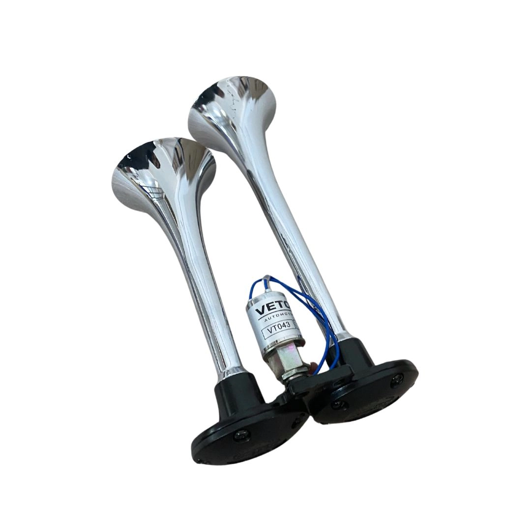  Buzina Corneta Dupla Cromada a Ar Com Válvula Elétrica Para Carro Universal 12V Vetor VT043