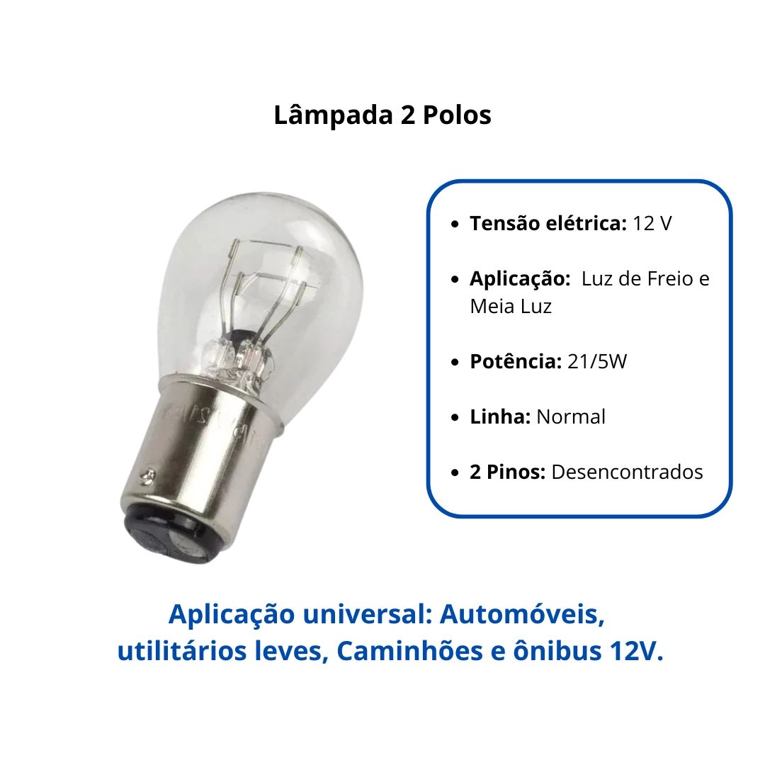 Kit 10 Lampadas 21/5w 2 Polos 12V Gauss 1034 - GL1034 Lampada P21/5w 2 Polos Freio Posição Ré Kit 10 Lampadas 21/5w 2 Polos 12V Gauss 1034 - GL1034 Lampada P21/5w 2 Polos Freio Posição Ré