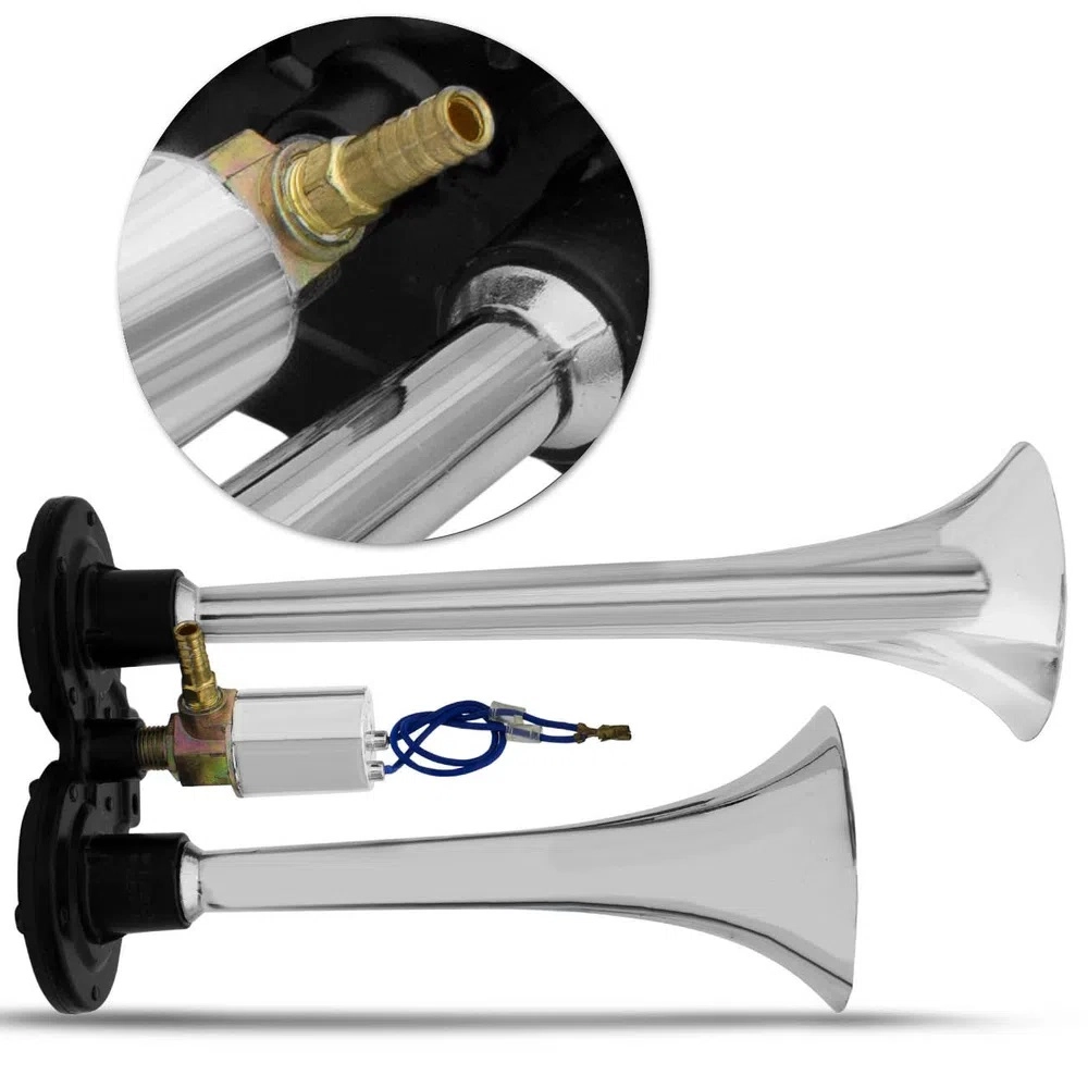 Buzina Corneta Dupla Cromada a Ar Com Válvula Elétrica Para Carro Universal 12V Vetor VT043