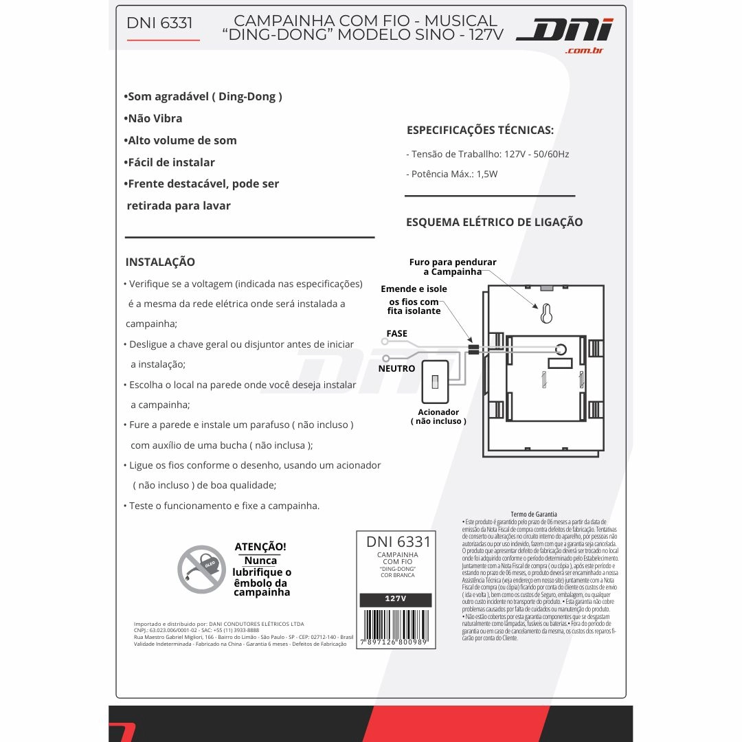 Campainha Musical Ding Dong 127V Branco Com Fio P/ Porta Campainha Musical Ding Dong 127V Branco Com Fio P/ Porta