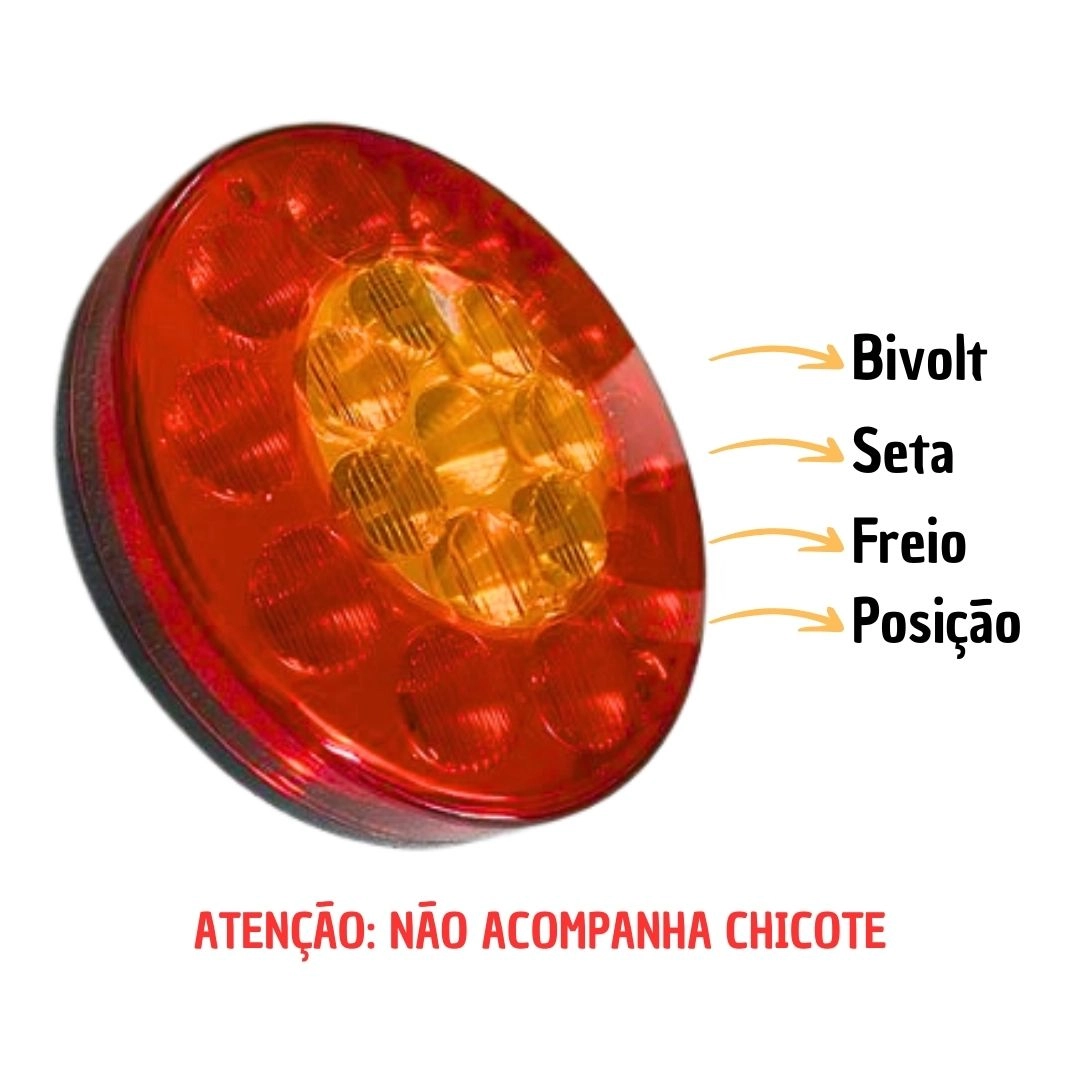 Lanterna Traseira LED Redonda Bivolt 135mm 4 Vias Seta Freio Posição Universal Caminhão Carreta Sinal Sul