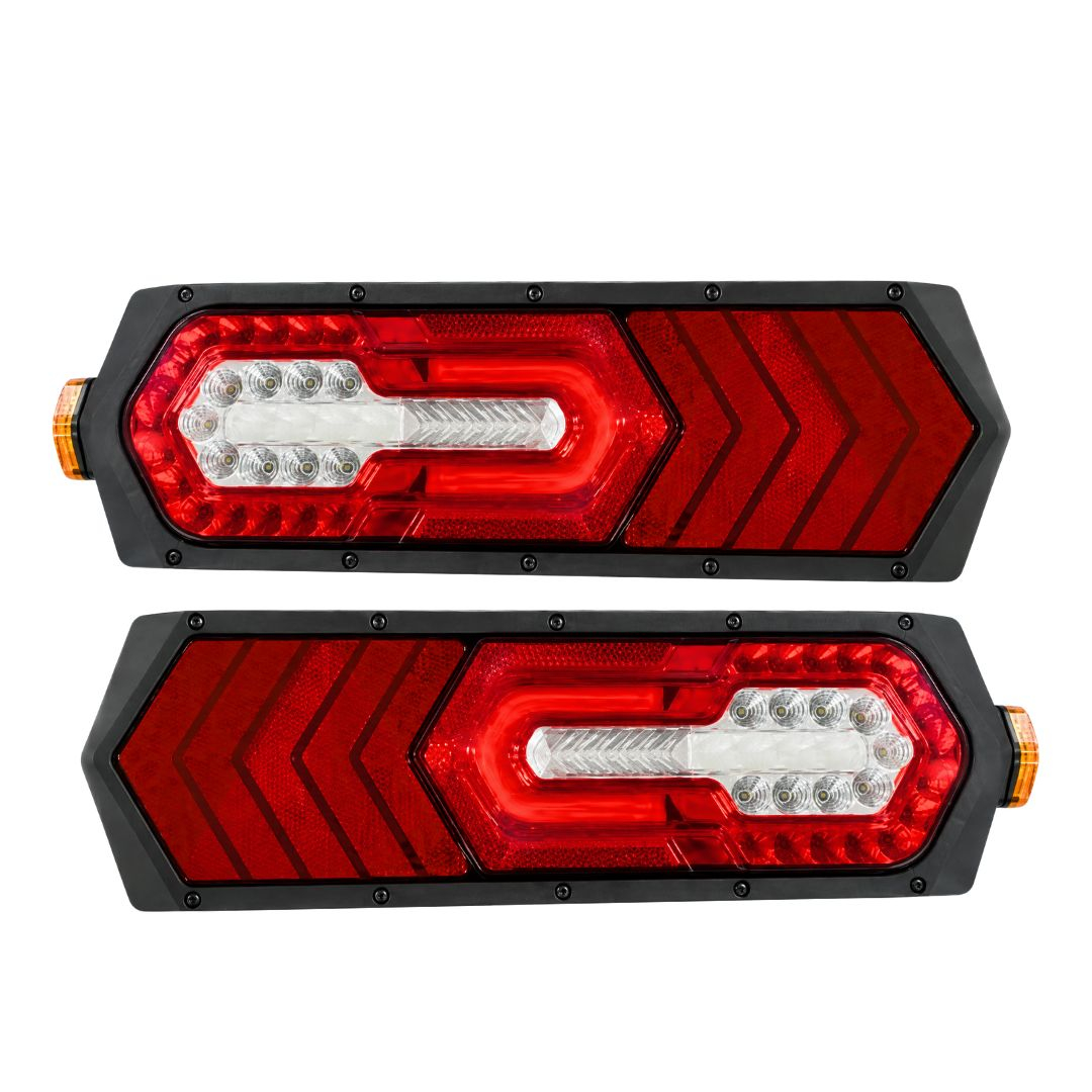 Par de Lanternas Traseiras LED Bivolt 12V 24V Com Guia de Luz e Seta Sequencial Para Caminhões Carretas e Implementos