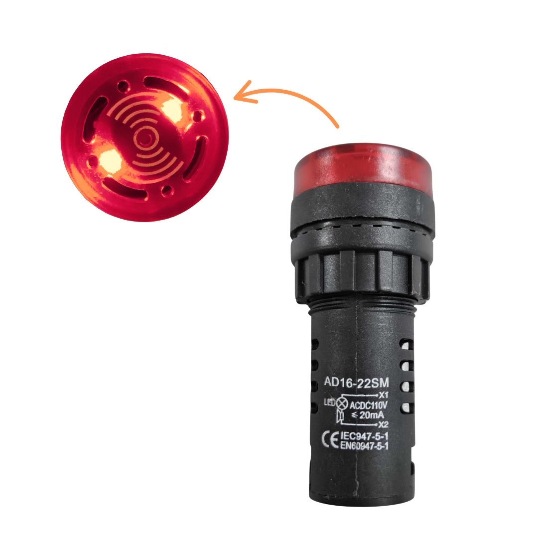 Alarme Sonoro Buzzer Sinaleiro LED Vermelho 22mm 110V