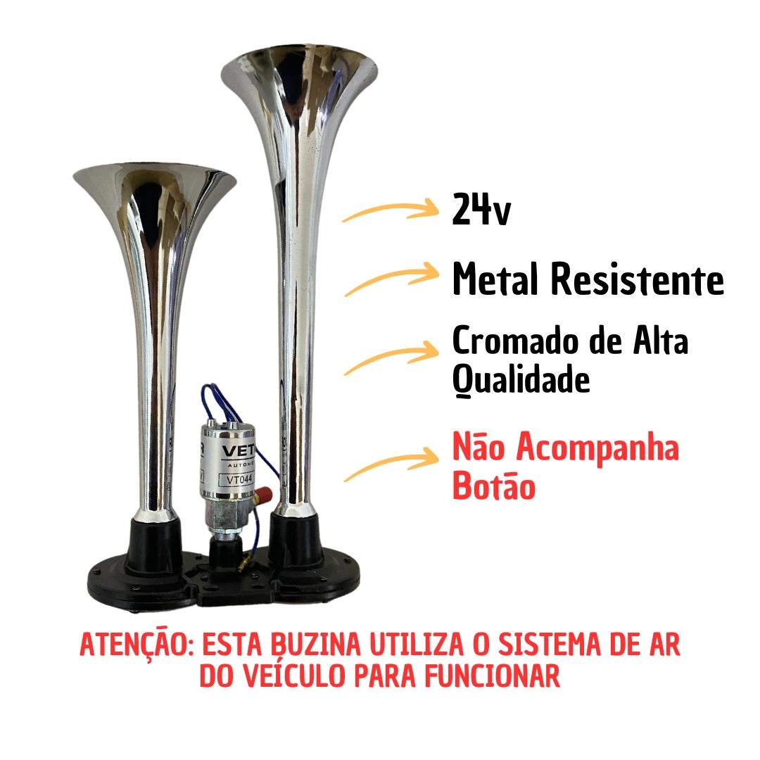 Buzina Ar Corneta Dupla Cromada Com Válvula Solenoide 24v Buzina Ar 2 Corneta Caminhão Buzina Ar Corneta Dupla Cromada Com Válvula Solenoide 24v Buzina Ar 2 Corneta Caminhão