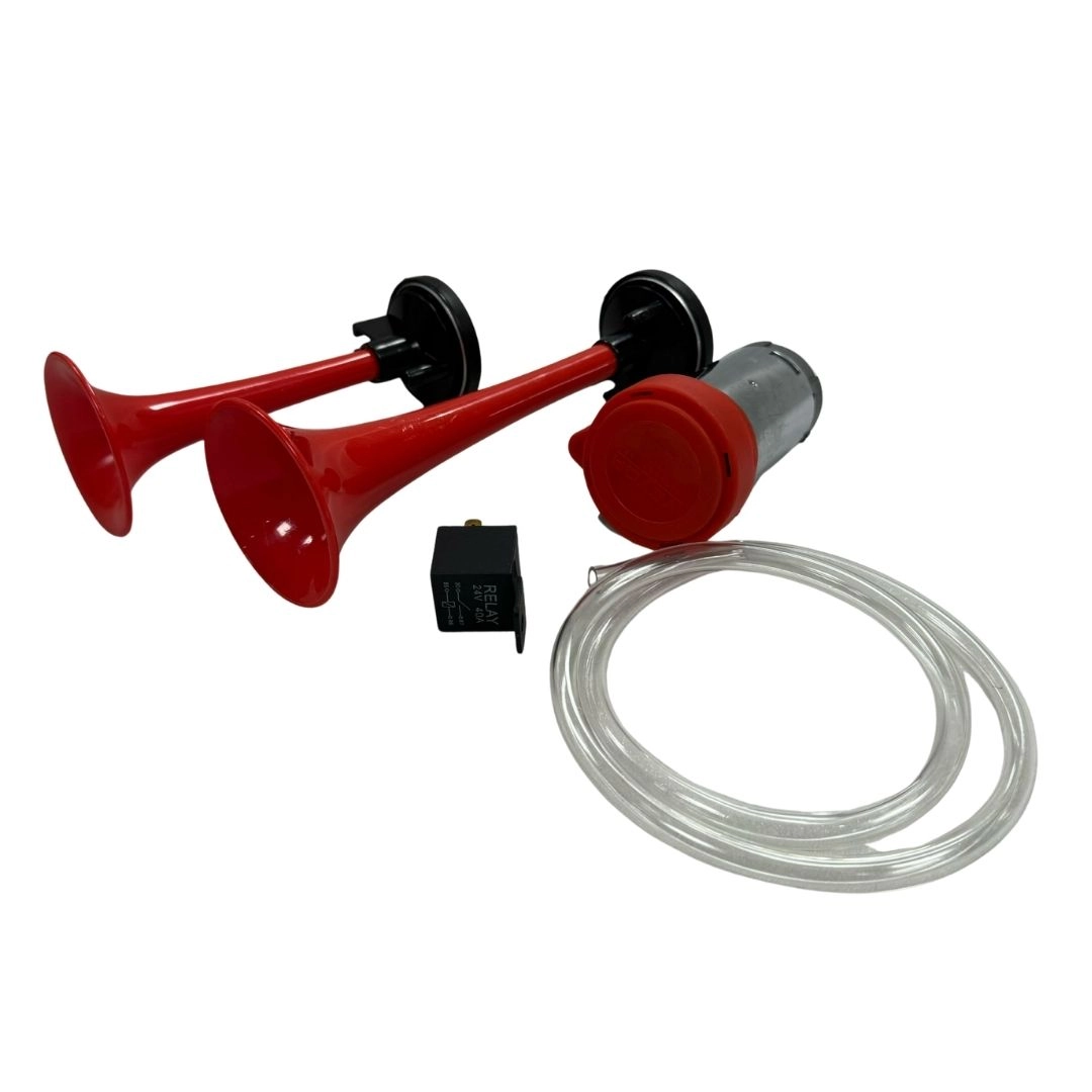 Buzina 2 Cornetas Vermelha Com Compressor 24v 8 a 12a Caminhão Ônibus Van Navio Lancha Vetor VT041