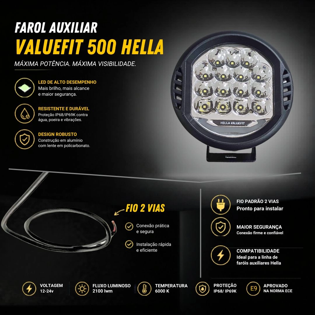 Farol Auxiliar Milha Led Valuefit 500 Led 22.5w 12/24v Feixe 200 Metros Hella 1F7358117161