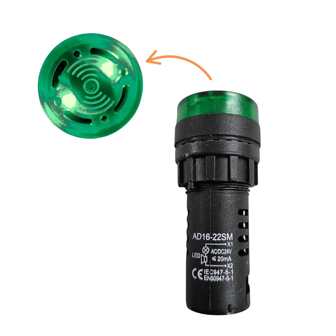 Alarme Sonoro Buzzer Sinaleiro LED Verde Audiovisual 24Vdc