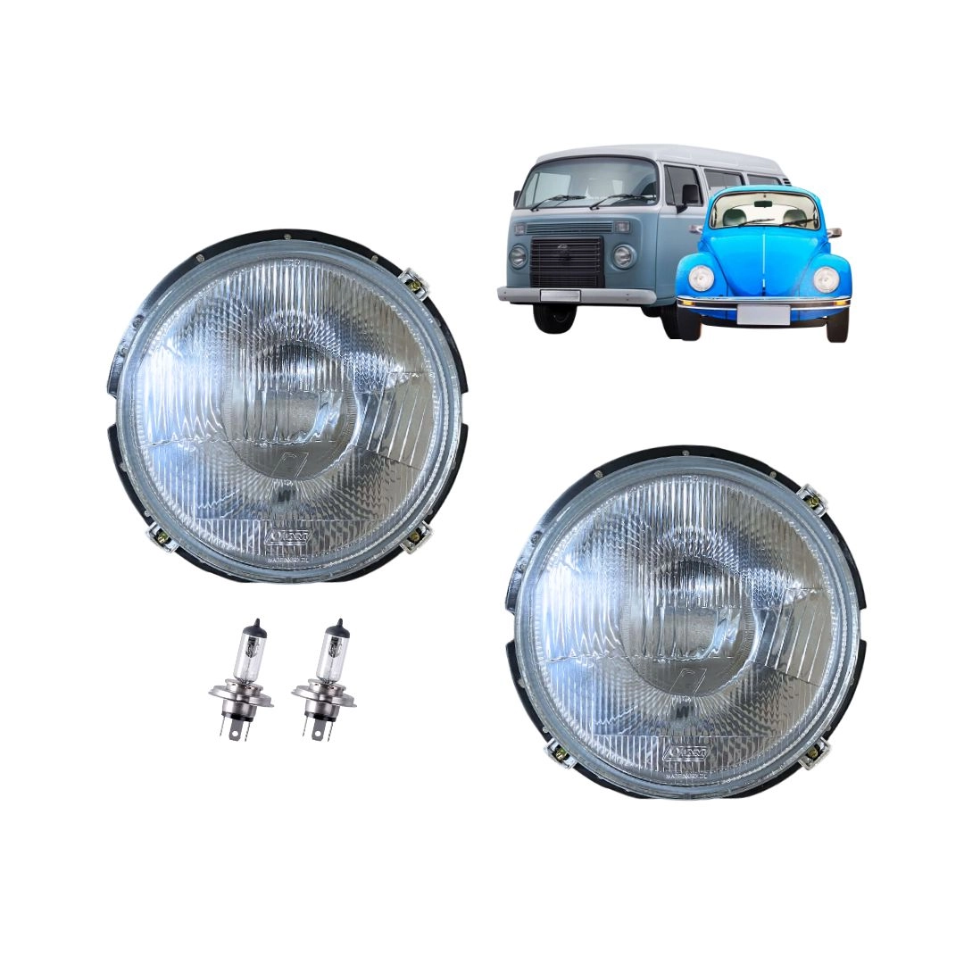 Kit Farol Vidro Para VW Fusca Kombi Passat + Lâmpadas Kit Farol Vidro Para VW Fusca Kombi Passat + Lâmpadas