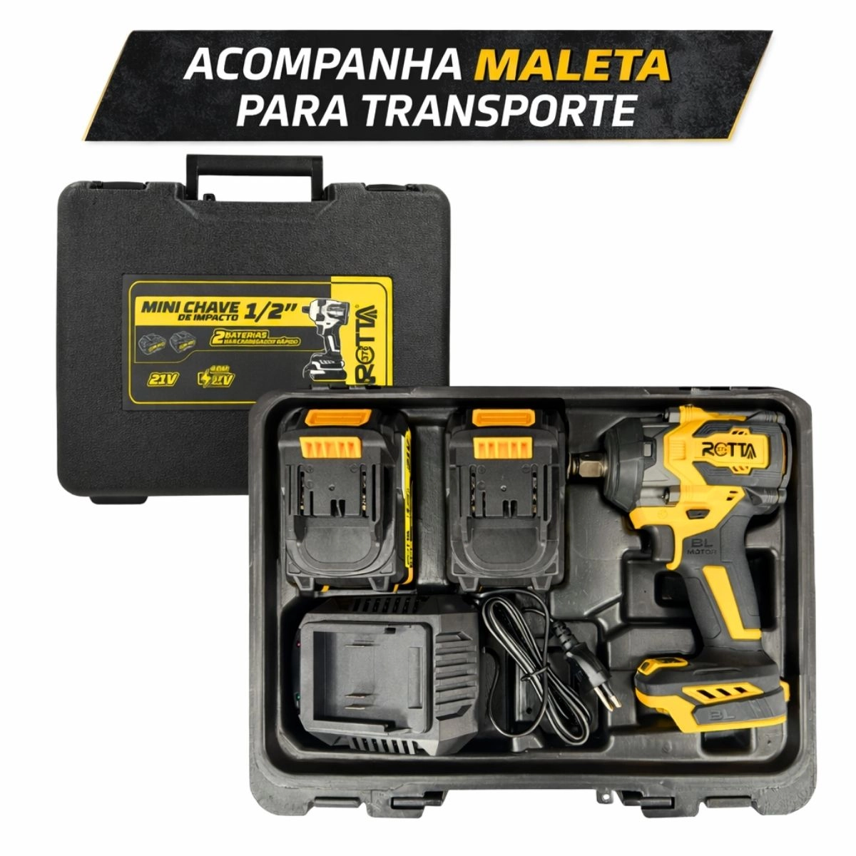 Parafusadeira Mini Chave De Impacto A Bateria 21V 1/2" 4000mAh Bivolt Motor Brushless Com Maleta