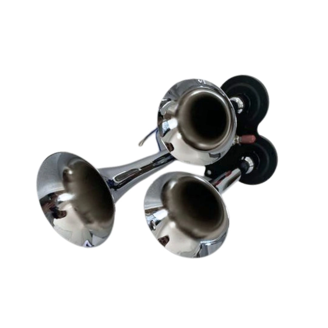 Buzina 3 Cornetas Cromada a Ar Marítima Para Caminhão 12V/24V Buzina Tripla Ar Marítima