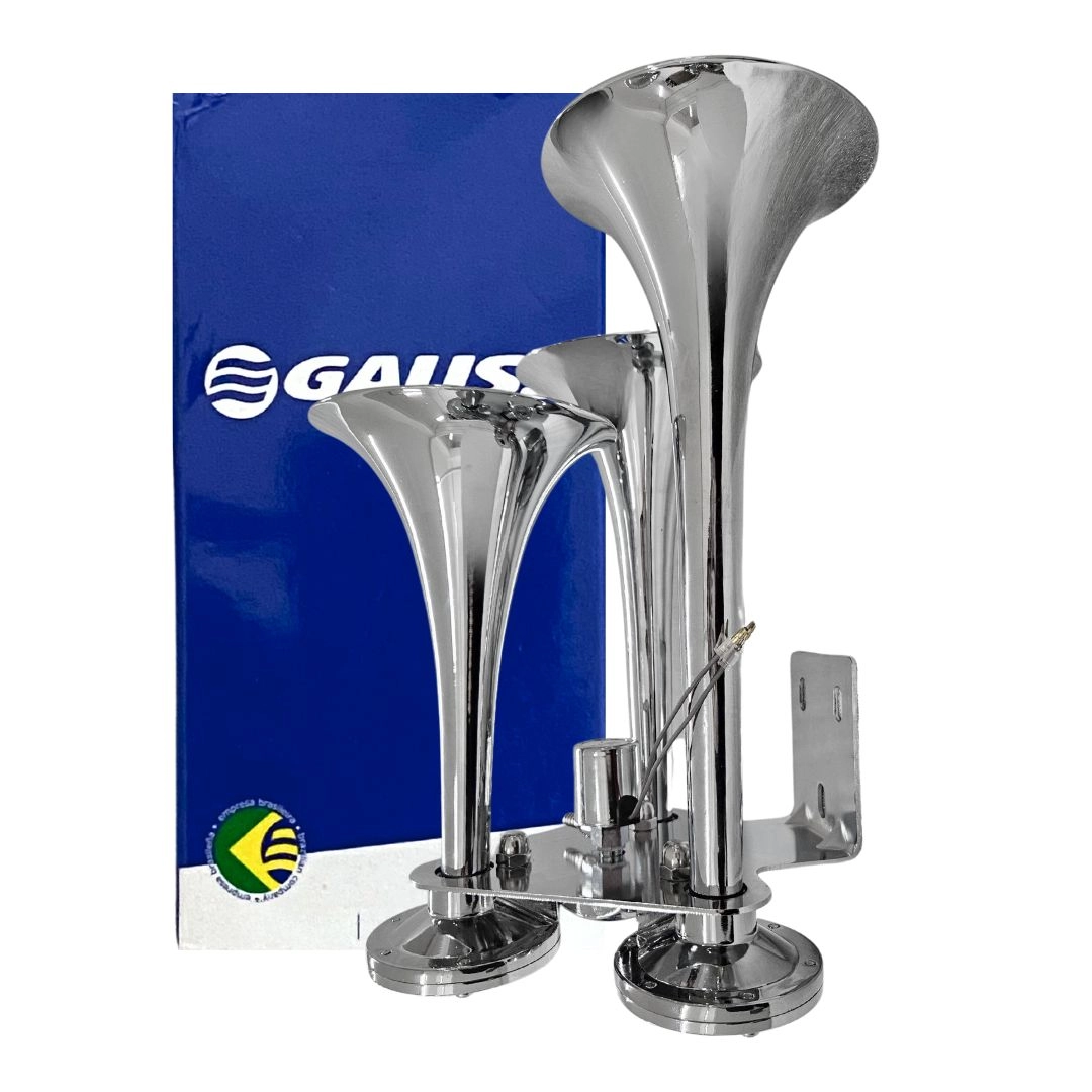 Buzina Marítima 3 Cornetas Cromada 12/24v Universal Para Navio Barco Iate Caminhão Gauss GB1043