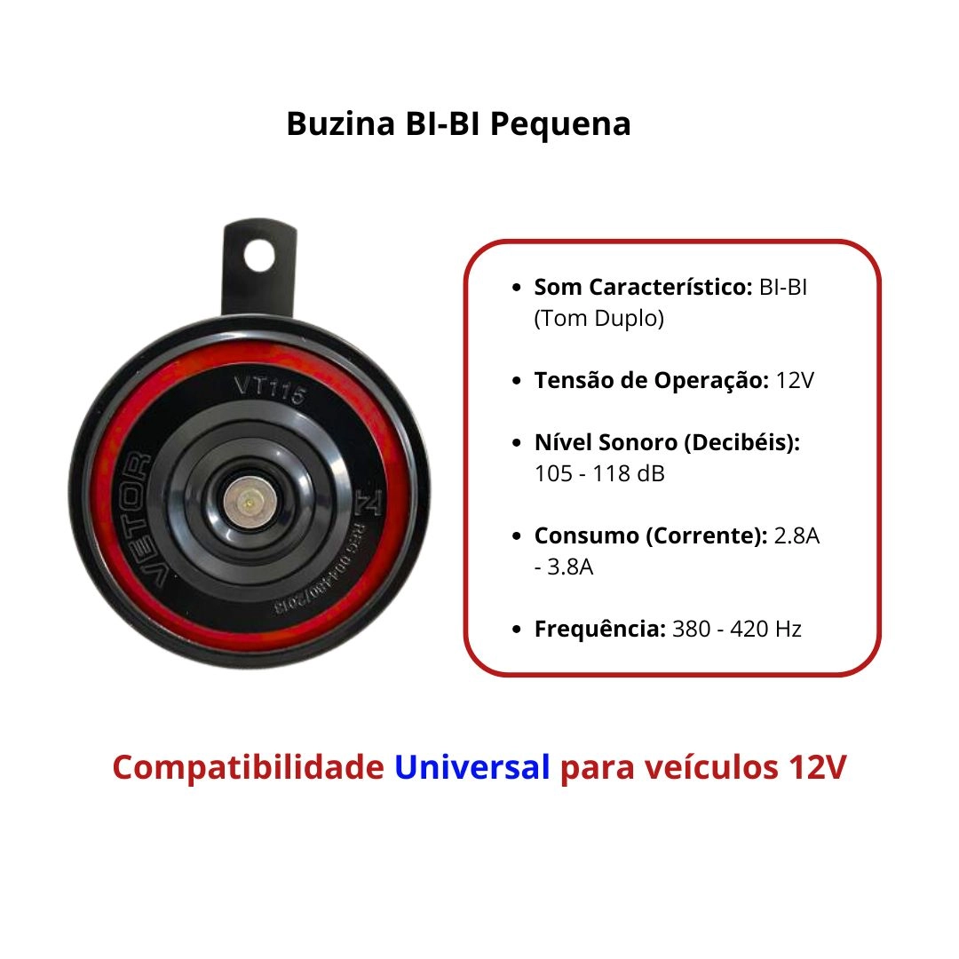 Buzina Bibi BI-BI Pequena Universal 92mm 12V Vetor Buzina Dupla Pequena Som Forte Buzina Bibi BI-BI Pequena Universal 92mm 12V Vetor Buzina Dupla Pequena Som Forte