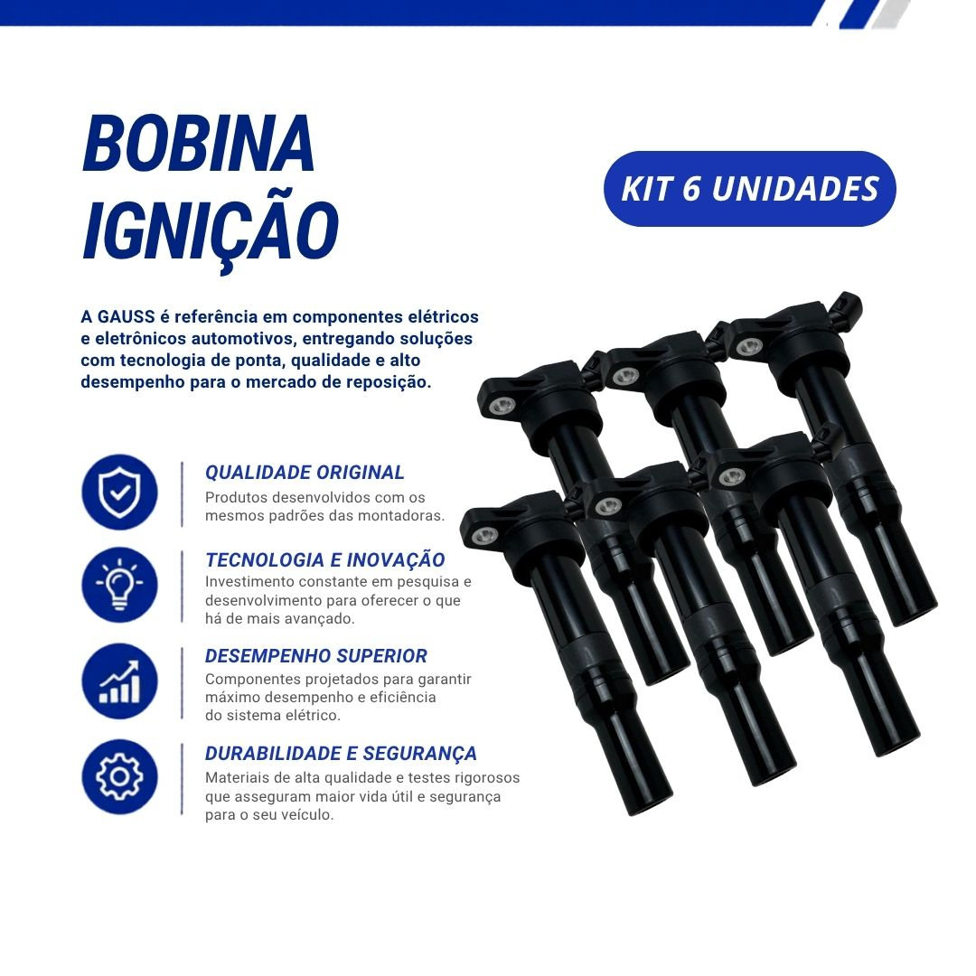 Kit 6 Bobinas de Ignição Tipo Caneta 12V 2 Pinos Para Hyundai Sonata V6 2.5 3.3 Tucson 2.7 V6 Ix35 Creta Elantra Kia