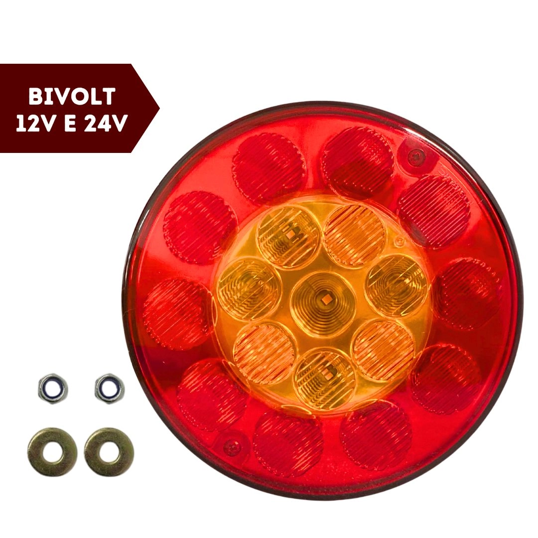 Lanterna Traseira LED Redonda Bivolt 135mm 4 Vias Seta Freio Posição Universal Caminhão Carreta Sinal Sul