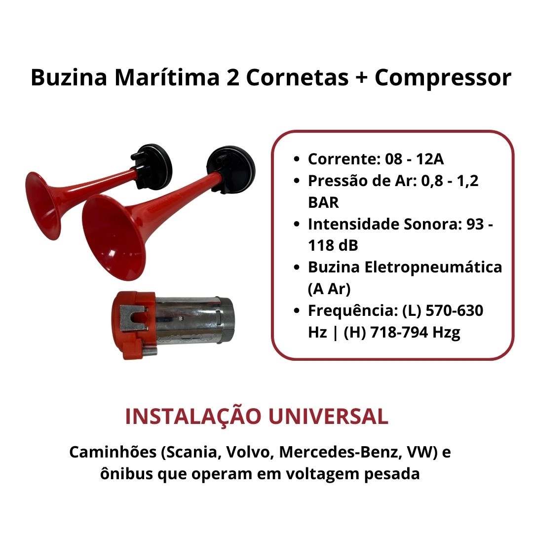 Buzina 2 Cornetas Vermelha Com Compressor 24v 8 a 12a Caminhão Ônibus Van Navio Lancha Vetor VT041