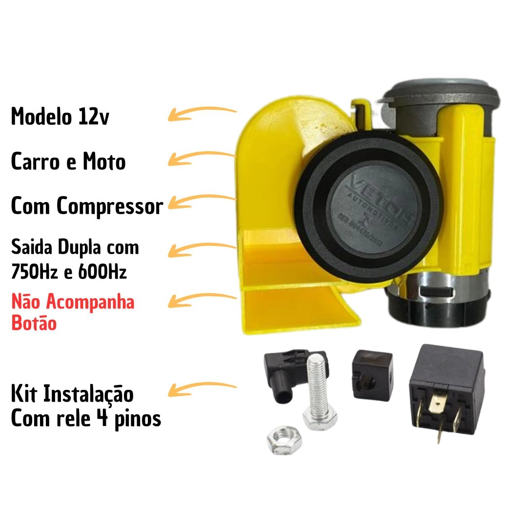 Buzina Ar 2 Cornetas Compacta c/ Compressor 12V Carro Moto Buzina Ar 2 Cornetas Compacta c/ Compressor 12V Carro Moto