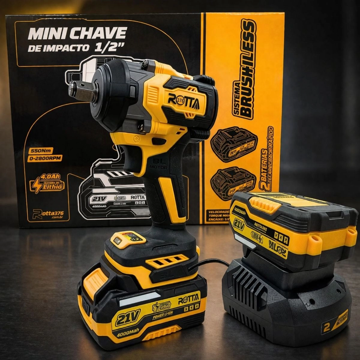 Parafusadeira Mini Chave De Impacto A Bateria 21V 1/2" 4000mAh Bivolt Motor Brushless Com Maleta