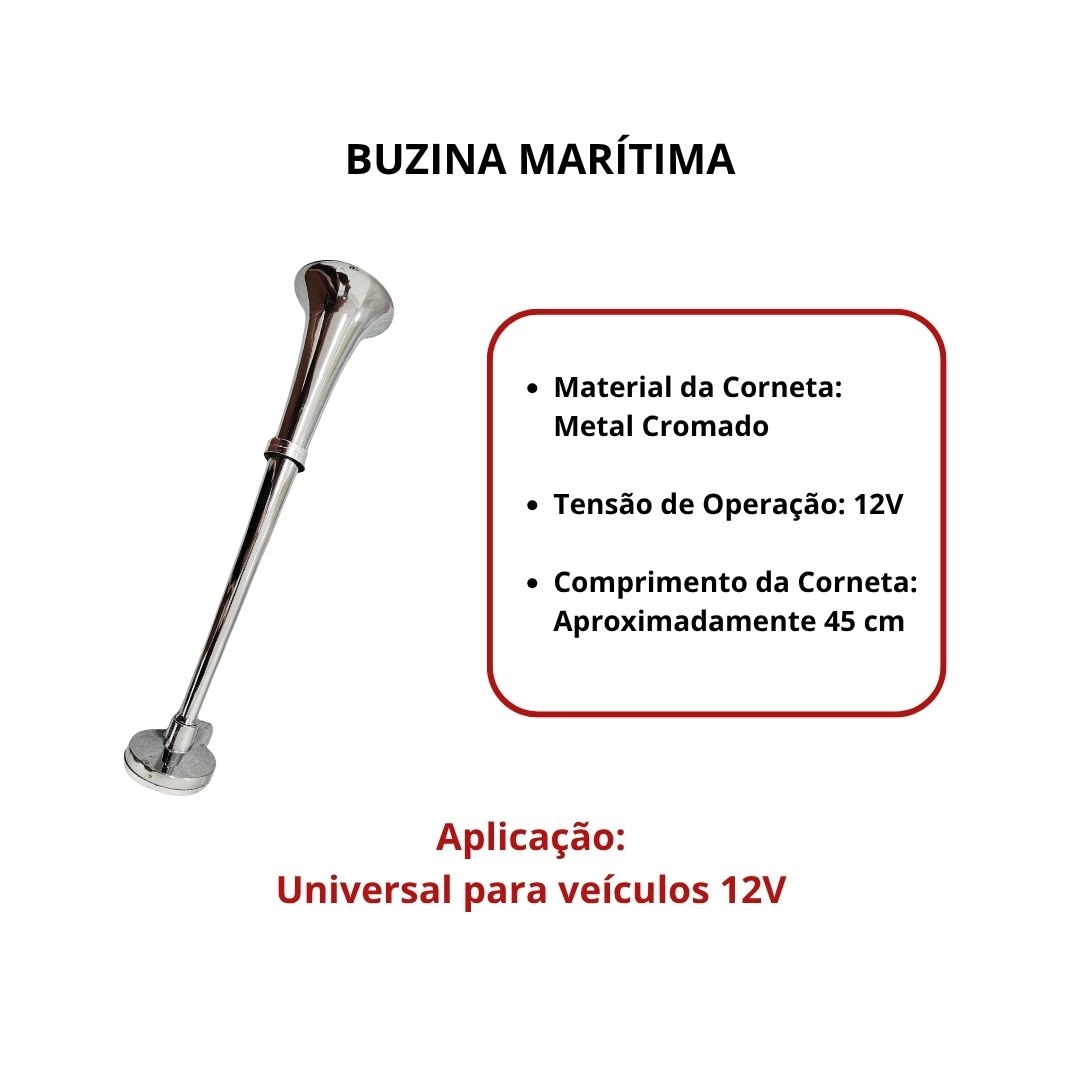 Buzina Caminhão Marítima Navio Cromada 45cm 12V Com Compressor Buzina Potente