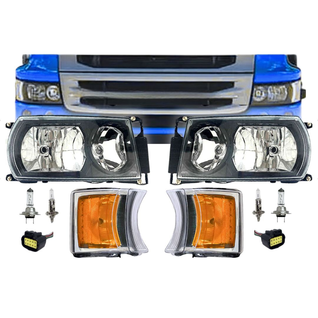 Kit Farol Principal Dianteiro Máscara Negra Pisca Led Com Lâmpadas e Conector Para Scania Série 5 PGR Kit Farol Principal Dianteiro Máscara Negra Pisca Led Com Lâmpadas e Conector Para Scania Série 5 PGR